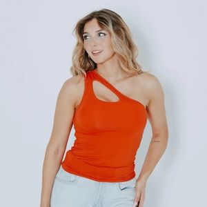 Orange one shoulder Brami with built in pads.